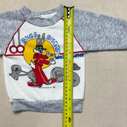 1988 80s Kids infant Baby Vintage Bugs Bunny Weight-Lifter Gray Raglan Sleeve Sweatshirt / 0m 3m 6m
