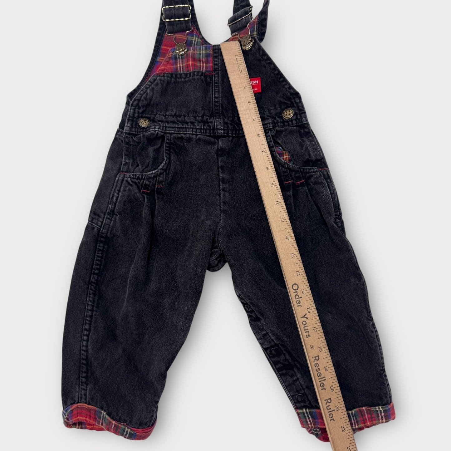 Kids Toddler Vintage Oshkosh B’Gosh Vestbak Black Denim Lined Flannel Plaid Overall 3T Made in USA