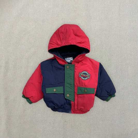 90s 2000’ Y2K Kids Toddler Vintage Oshkosh Bgosh Baby Bgosh Red Navy Multicolour Hooded Puffer Winter Jacket / 12m 18m 24m