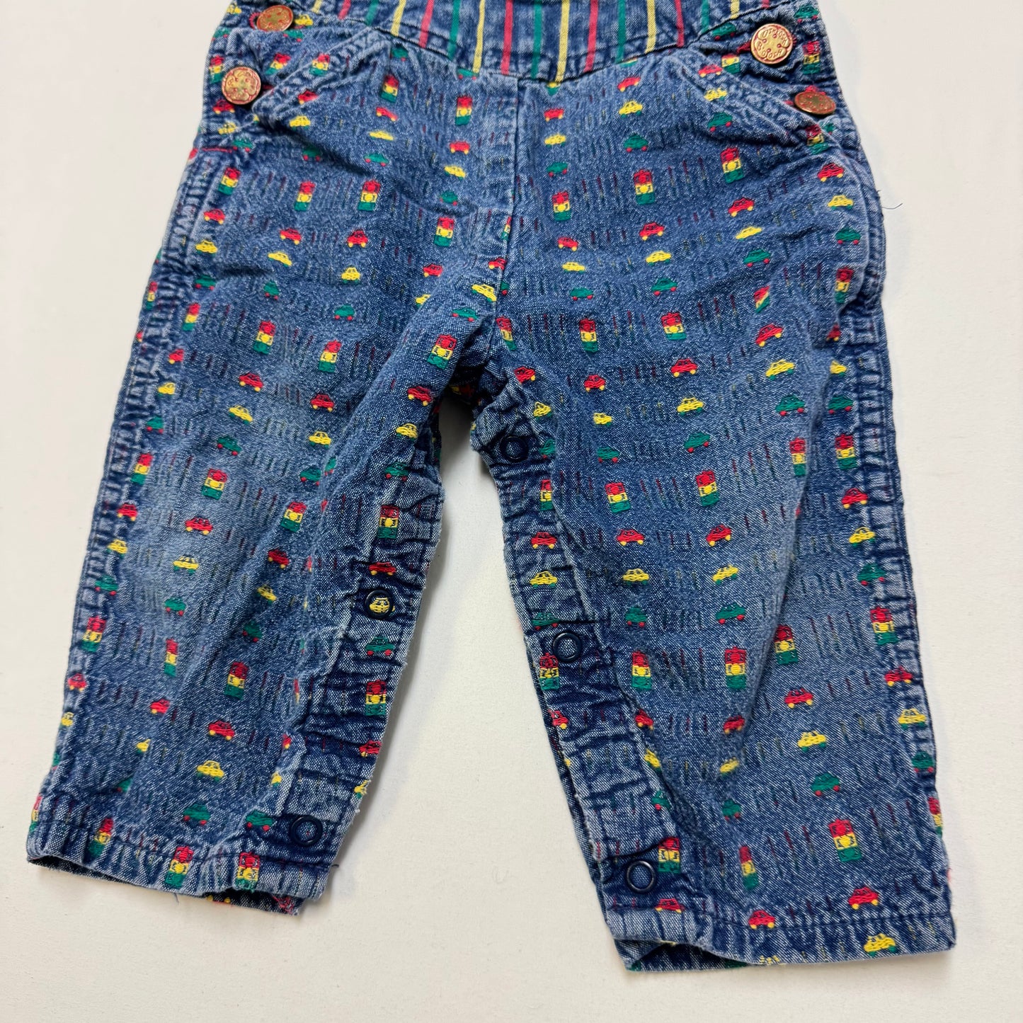 90s Kids Toddler Infant Vintage Baby B’Gosh Oshkosh Denim Car AOP Embroidery Print Overall /12m / Made in USA
