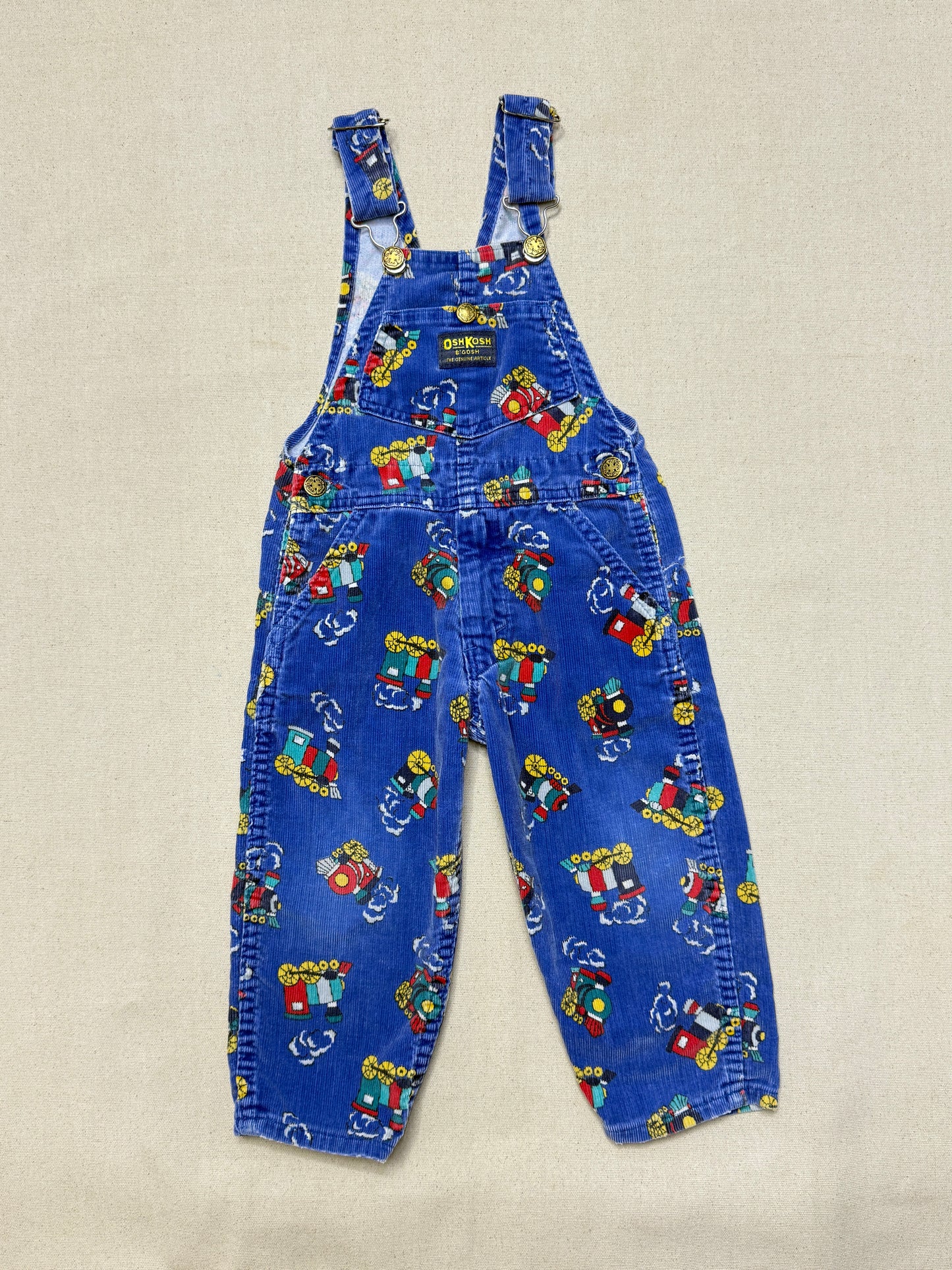 90s Kids Toddler Vintage Oshkosh Bgosh Train Pattern Blue Corduroy Overall / 2T 3T