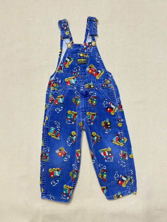 90s Kids Toddler Vintage Oshkosh Bgosh Train Pattern Blue Corduroy Overall / 2T 3T