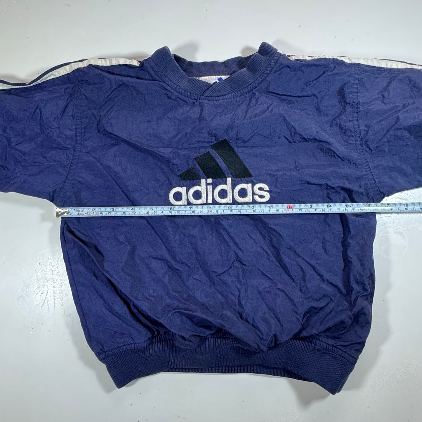 90s Vintage Adidas Kids Toddler Blue/Navy Lined Pullover Sleeves Striped Windbreaker Sweatshirt Jacket Big Logo L 6Y