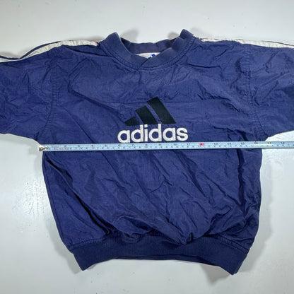 90s Vintage Adidas Kids Toddler Blue/Navy Lined Pullover Sleeves Striped Windbreaker Sweatshirt Jacket Big Logo L 6Y