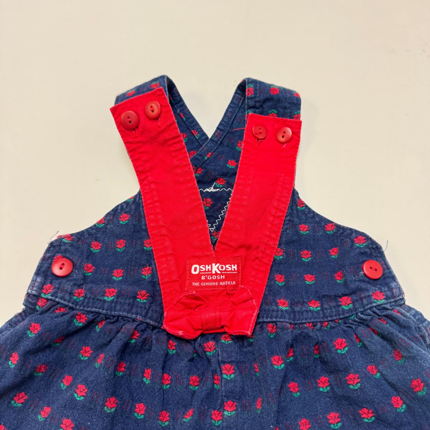 90s Kids Toddler Infant Vintage Baby B’Gosh Oshkosh Criss Cross  Dark Denim Red Flower Print AOP Romper //2T / Made in USA