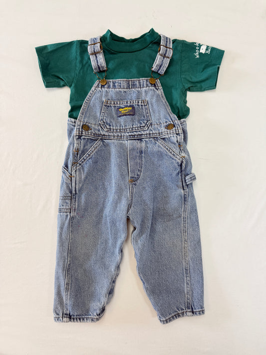 90s Kids Toddler Infant Vintage Oshkosh Bgosh Tshirt and Denim Overall 2pc Set / 12m 18m 24m / Made in USA set