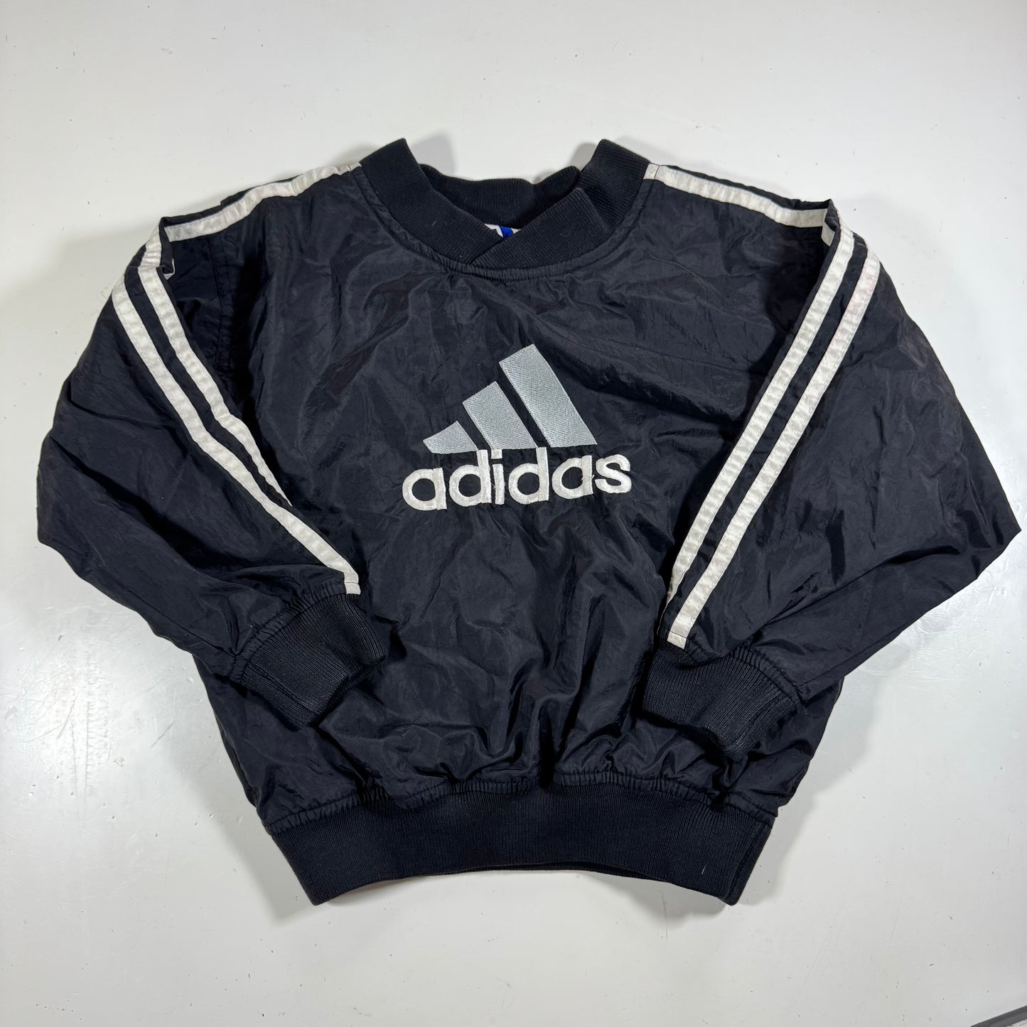 90s Vintage Adidas Kids Toddler Black Lined Pullover Sleeves Striped Windbreaker Sweatshirt Jacket Big Logo S 4T