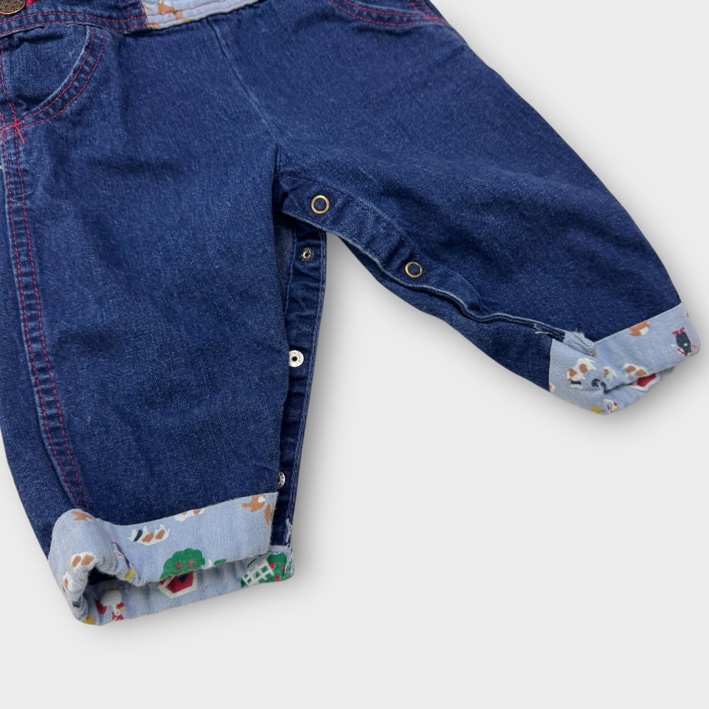 Baby Vintage 100% Cotton Denim Oshkosh Overall Farm Friends With Cuff Print 12M Made In USA