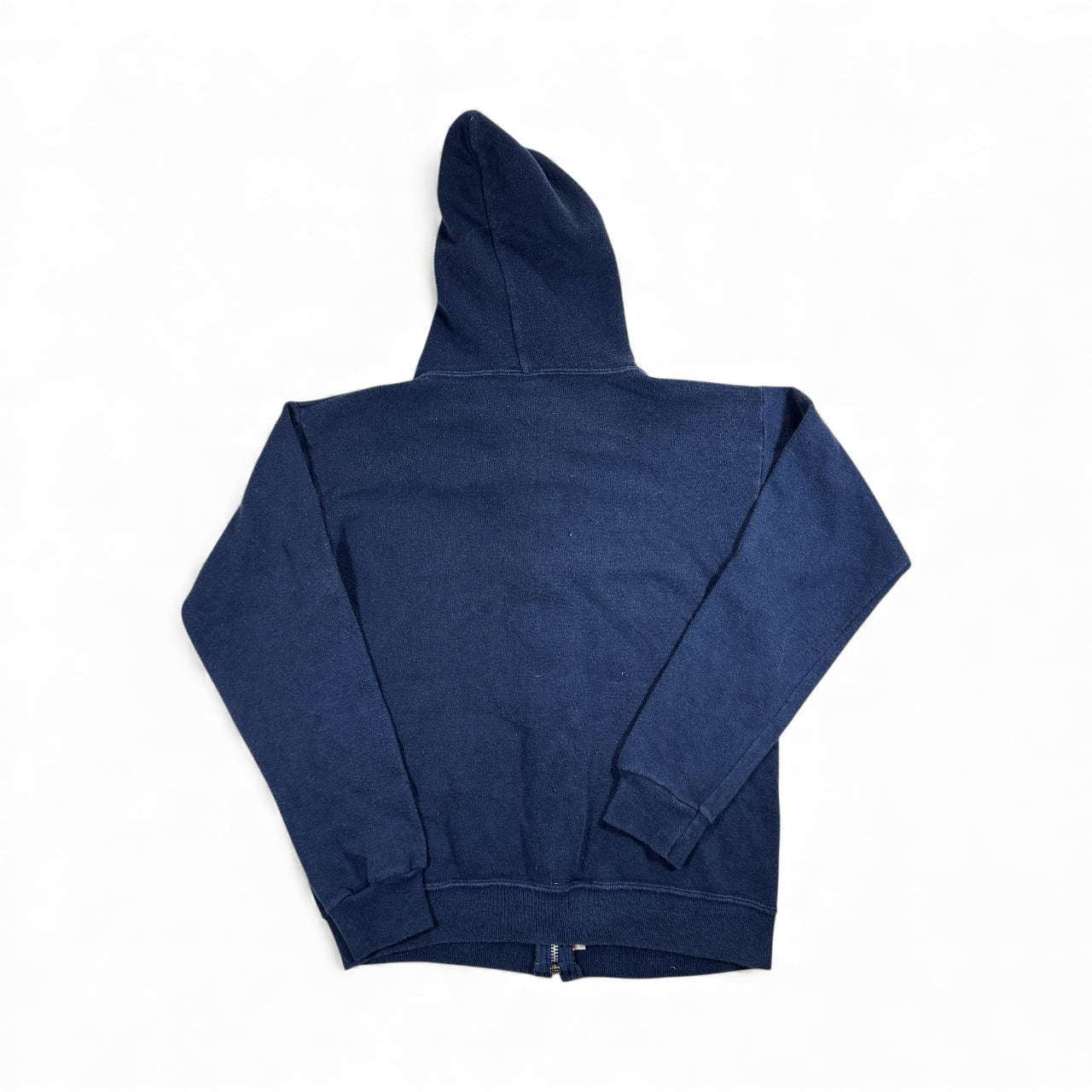 80s Kids Youth Vintage Drake University Flock Print Navy Zip Hooded Sweatshirt Made in USA L 14Y 16Y