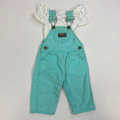 90s Kids Toddler Infant Vintage Baby B’Gosh Oshkosh 2 Piece Set Turquoise Overall White Ruffle T-shirt With Floral Accents /6m 9m / Made in USA