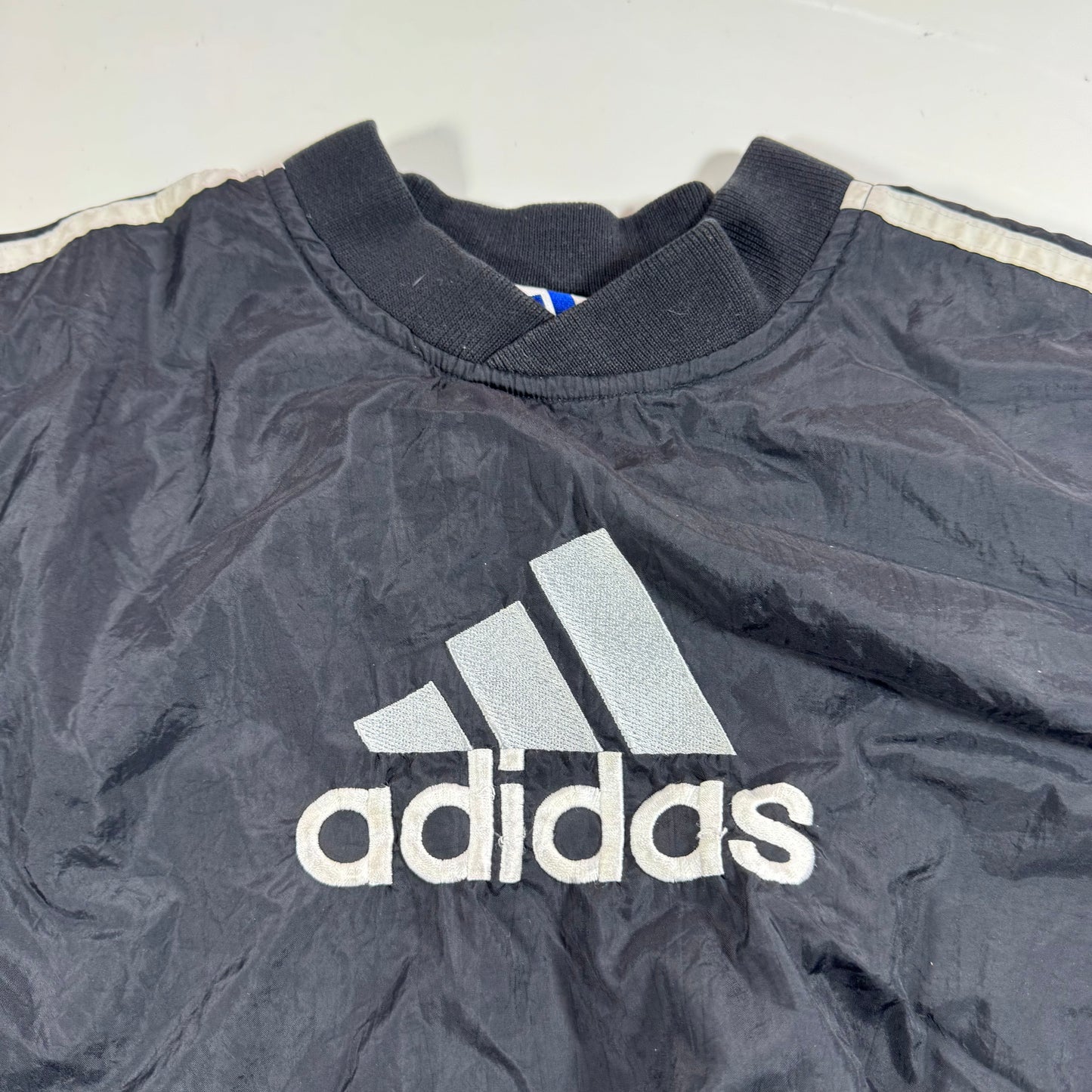 90s Vintage Adidas Kids Toddler Black Lined Pullover Sleeves Striped Windbreaker Sweatshirt Jacket Big Logo S 4T