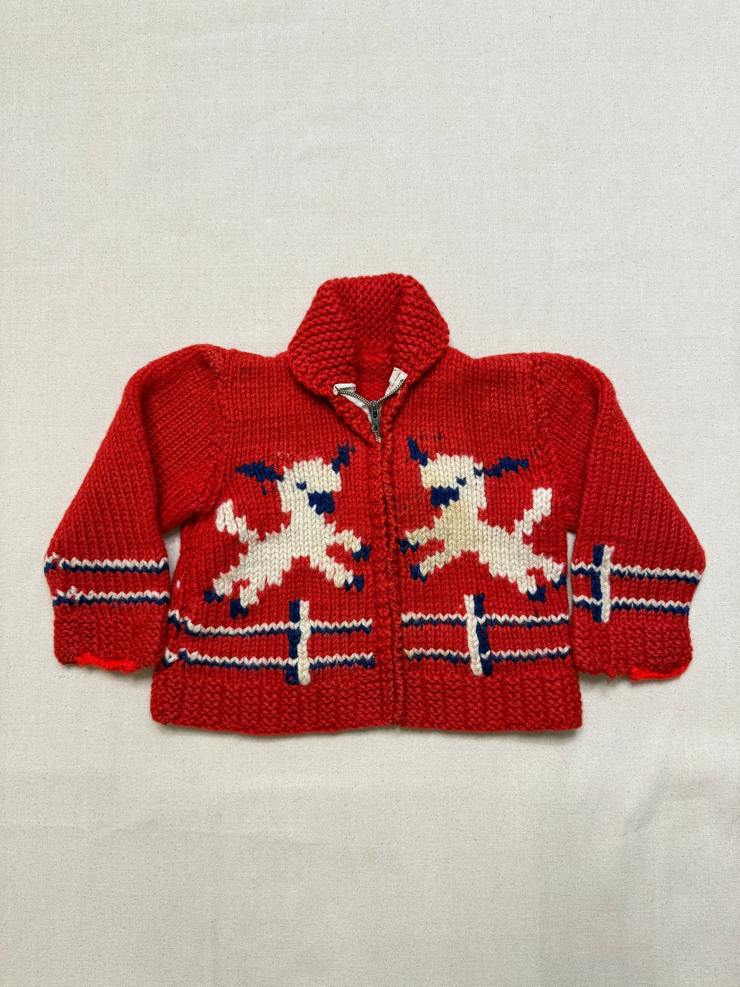 50s 60s Kids Toddler Vintage Lamb Emboridered Red Flash Zipper Shawl Collar Cowichan Sweater / 4T 5y 6y