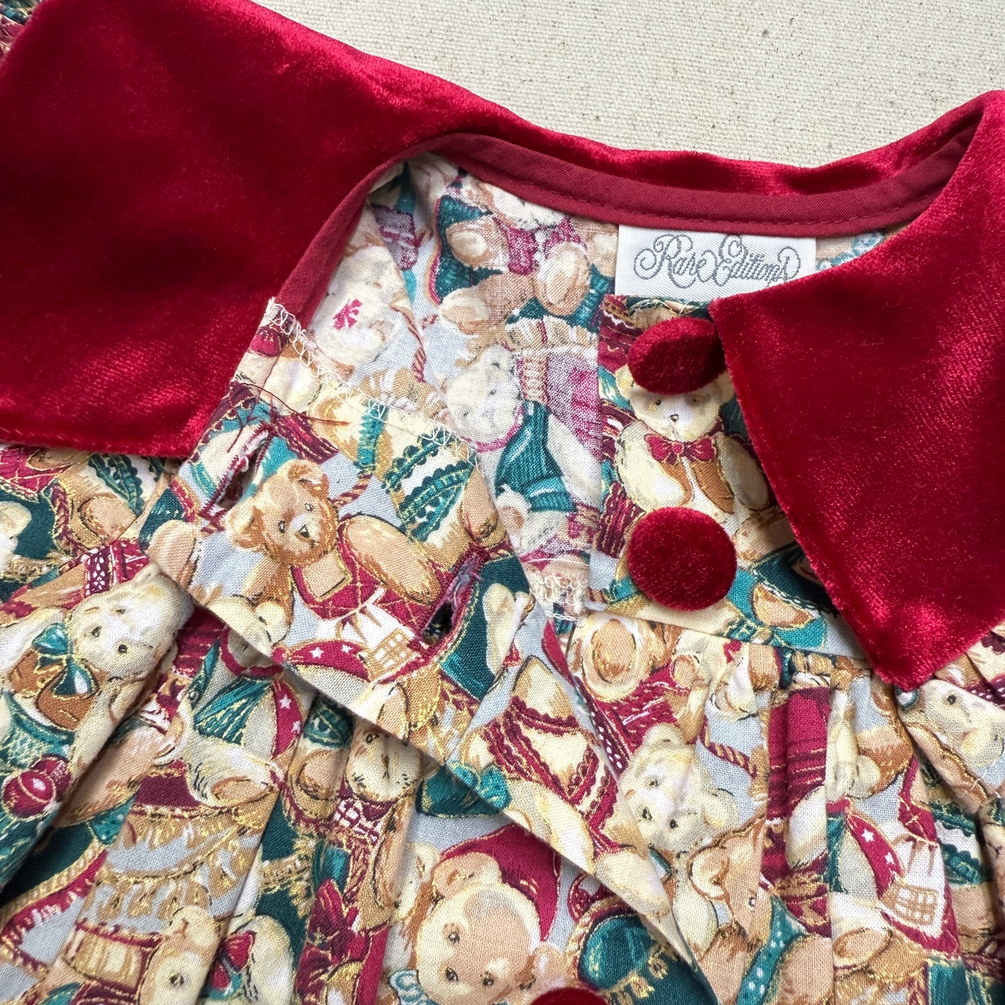80s 90s Kids Toddler Vintage Teddy Bear AOP Christmas Pattern Velvet Round Collar Dress / 24m 2T   dress