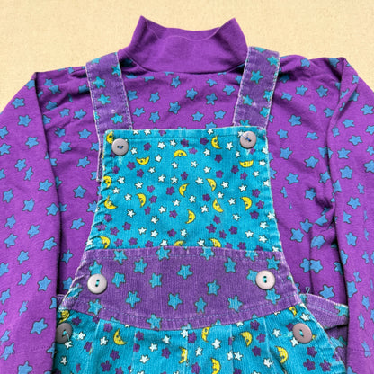 90s Kids Toddler Vintage Star Moon AOP Longsleeve Tshirt & Corduroy Overall 2pc Set / 24m 2T 3T