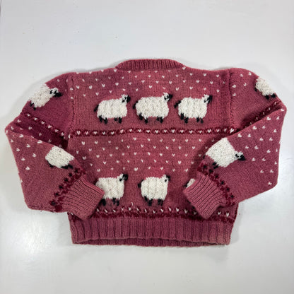 Kids Toddler Vintage Hand Knit Beautiful Maroon Pullover Sweater With Puff Shoulder AOP Sheep r 4Y 5Y 6Y