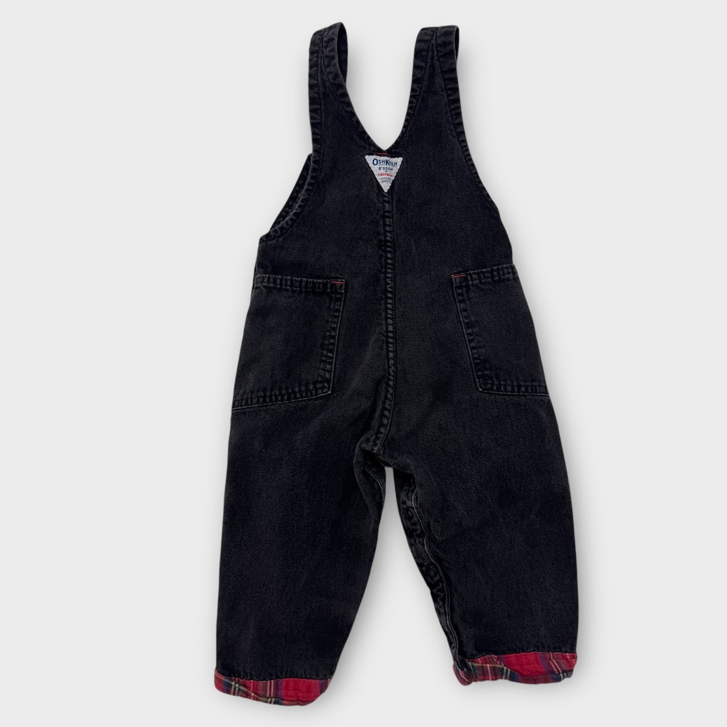 Kids Toddler Vintage Oshkosh B’Gosh Vestbak Black Denim Lined Flannel Plaid Overall 3T Made in USA