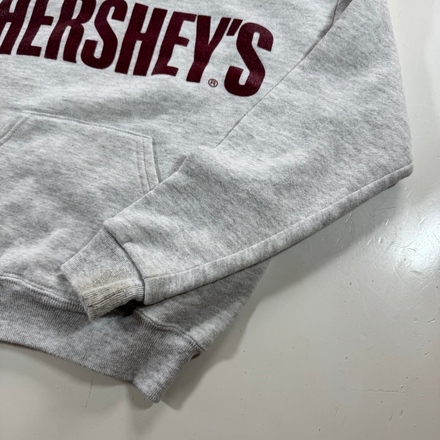 90s Kids Russell Light Gray Hooded Pullover Sweatshirt Hershey Big Logo M 10Y 11Y 12Y Made is USA