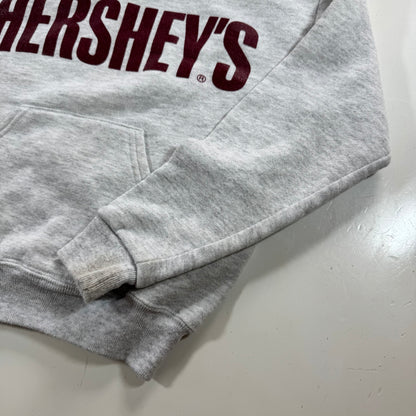 90s Kids Russell Light Gray Hooded Pullover Sweatshirt Hershey Big Logo M 10Y 11Y 12Y Made is USA