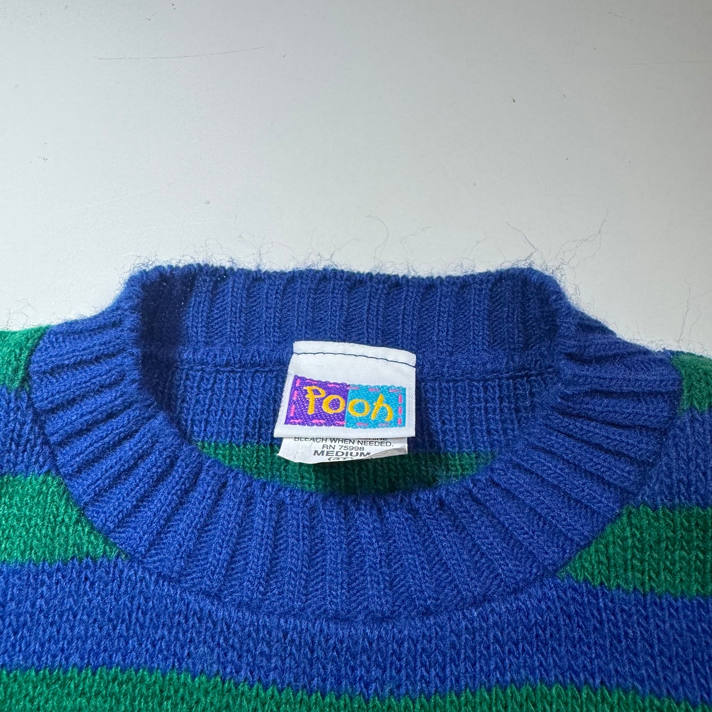 90s Kids Toddler Vintage Disney Pooh and Tiger Striped Green/Blue Knit Pullover Sweater Made in USA 3T
