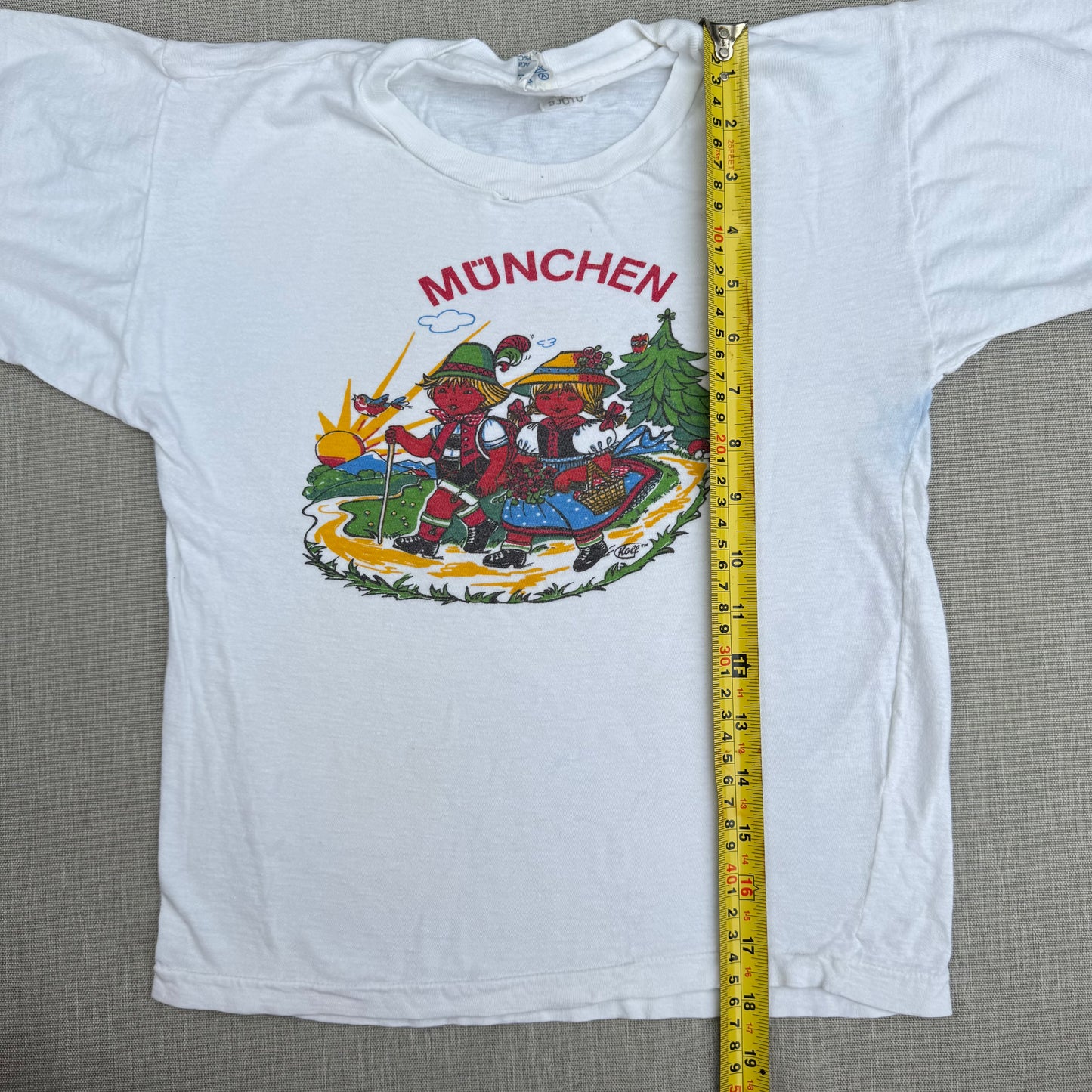 70s Kids Vintage Monchen Yoddlers Print SouvenirWhite 100% Cotton Single Stitch Short Sleeve T-Shirt 10Y Baby Tee XS Adult
