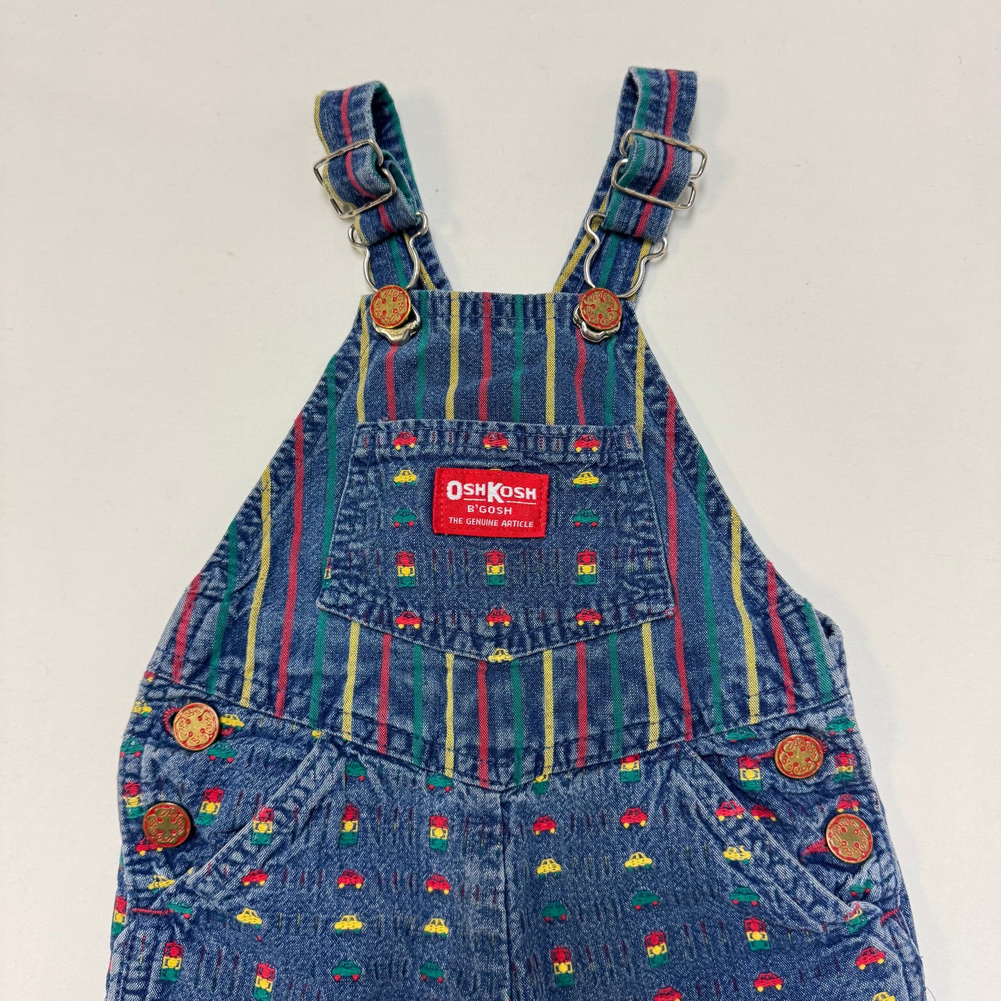 90s Kids Toddler Infant Vintage Baby B’Gosh Oshkosh Denim Car AOP Embroidery Print Overall /12m / Made in USA