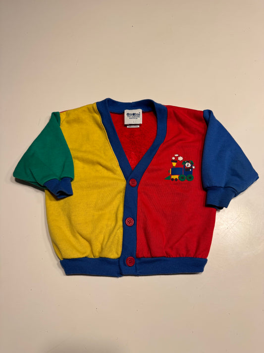 90s Kids Toddler Infant Vintage Baby B’Gosh Oshkosh Multicolour Train Big Print Red Green Yellow Blue Sweat Cardigan //12m / Made in USA