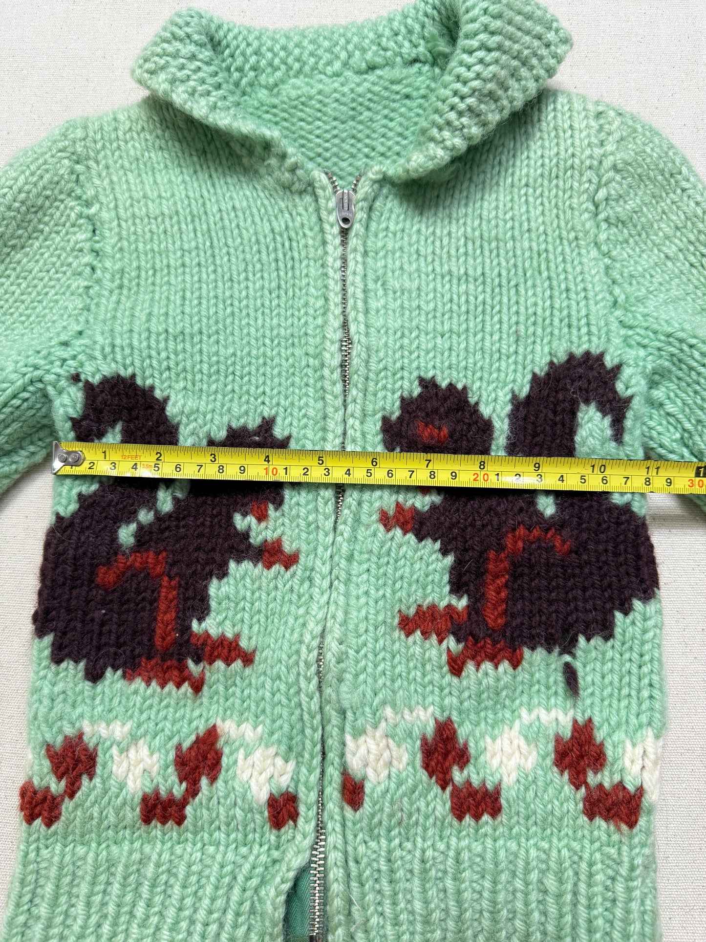 50s 60s Kids Toddler Vintage Mint Green Squirrel Lightning Zipper Cowichan Sweater / 3T 4T 5T