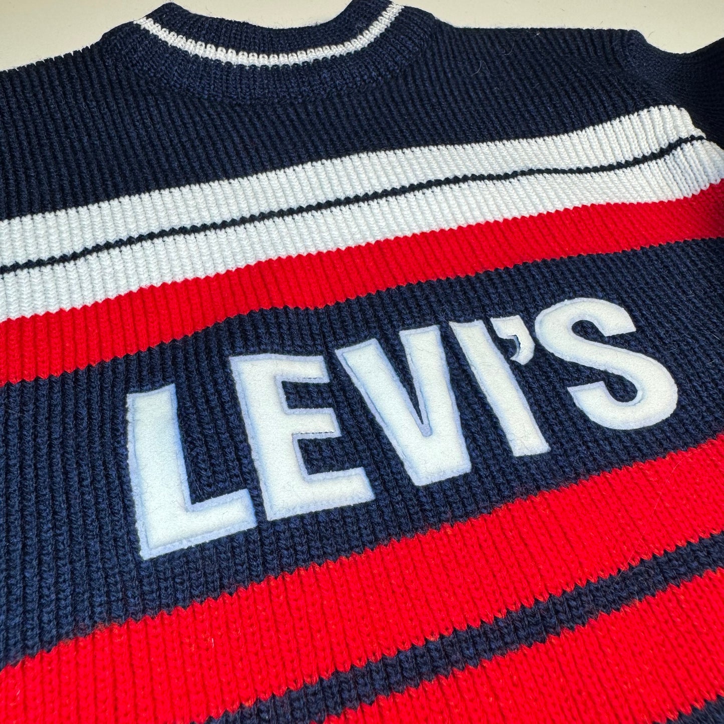 80s Vintage Kids Big  Logo Levi’s Knit Striped Navy White Red Pullover Long Sleeve Sweater 4Y 5Y 6Y