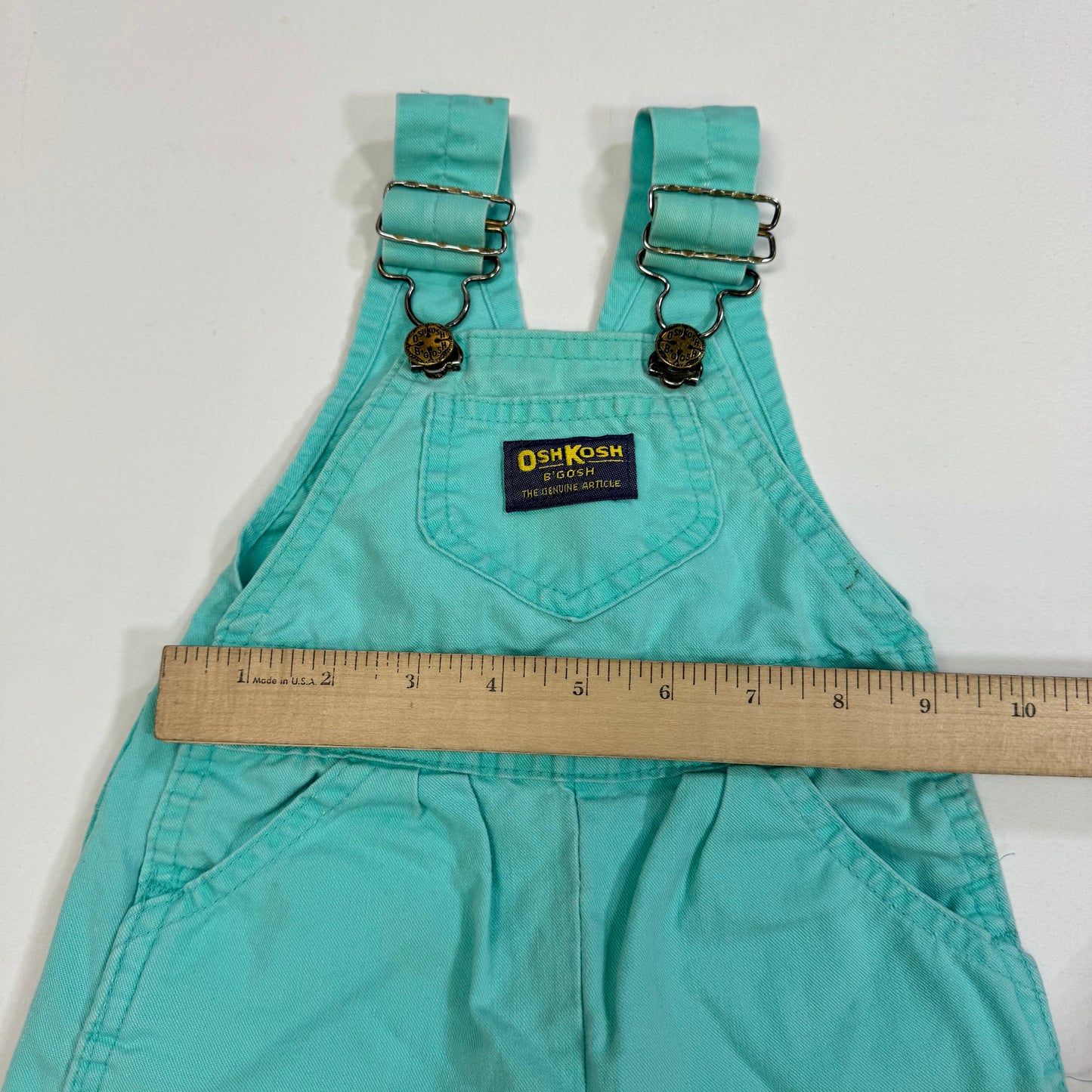 90s Kids Toddler Infant Vintage Baby B’Gosh Oshkosh 2 Piece Set Turquoise Overall White Ruffle T-shirt With Floral Accents /6m 9m / Made in USA