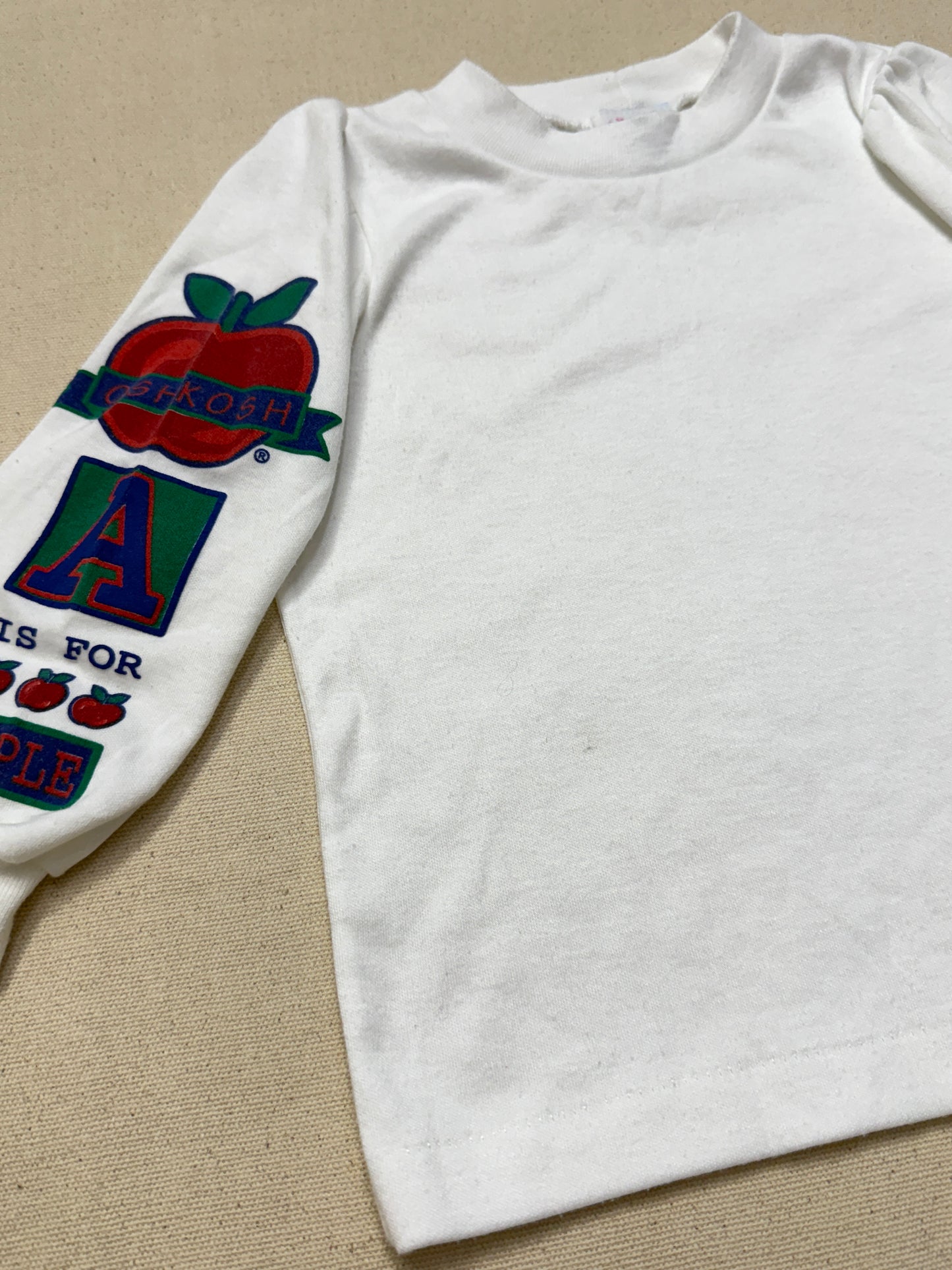 90s Kids Toddler Vintage Oshkosh Bgosh "A is for Apple" Longsleeve  Puffsleeve Top / 2T 3T / Made in USA