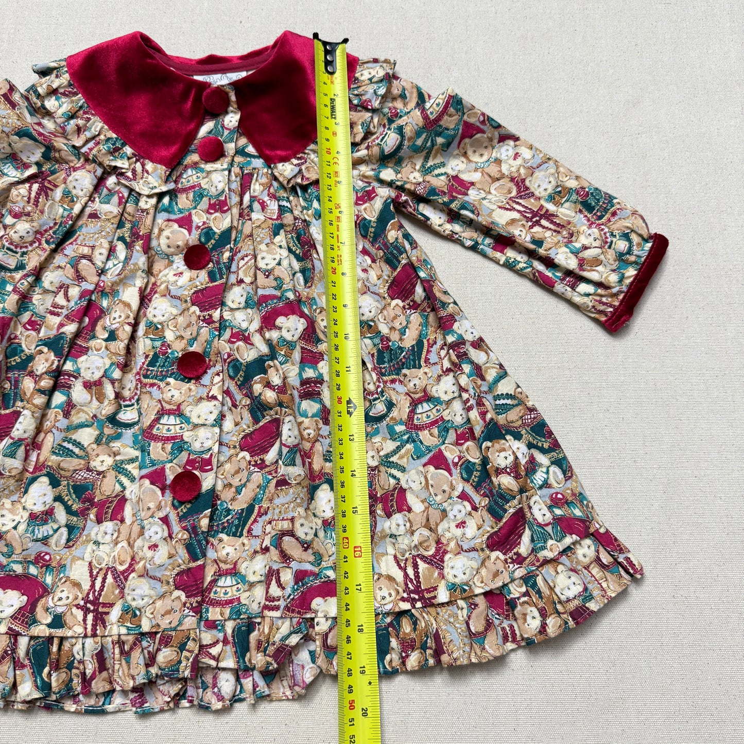 80s 90s Kids Toddler Vintage Teddy Bear AOP Christmas Pattern Velvet Round Collar Dress / 24m 2T   dress
