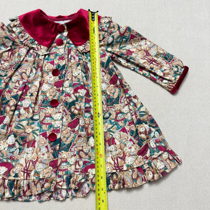 80s 90s Kids Toddler Vintage Teddy Bear AOP Christmas Pattern Velvet Round Collar Dress / 24m 2T   dress