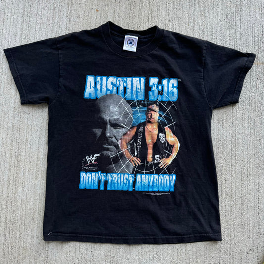 2001 Kids Vintage Youth Small Adult WWF Steve Austin 3:16 Don’t Trust Anybody T-Shirt Black 100% Cotton Size L