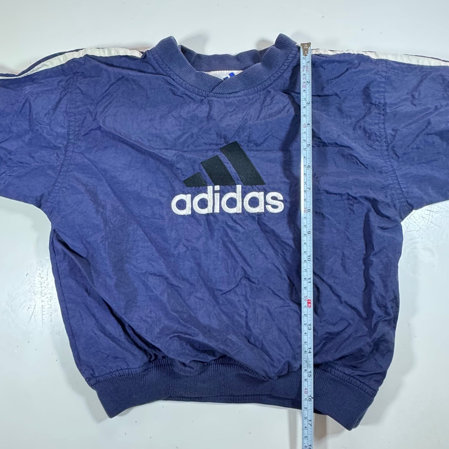 90s Vintage Adidas Kids Toddler Blue/Navy Lined Pullover Sleeves Striped Windbreaker Sweatshirt Jacket Big Logo L 6Y