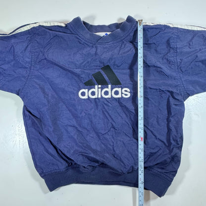 90s Vintage Adidas Kids Toddler Blue/Navy Lined Pullover Sleeves Striped Windbreaker Sweatshirt Jacket Big Logo L 6Y