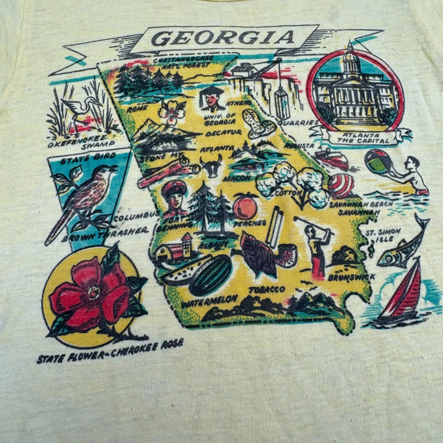 70s Kids Toddler Vintage Georgia State Print Souvenir Light Yellow Single Stitch Short Sleeve T-Shirt 2T 3T