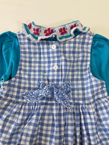 90s Y2K Kids Toddler Infant Vintage Oshkosh Bgosh Blue Check Dress and Puff Sleeve Floral Print Longsleeve Top 2pc Set / 12m 18m 24m / Made in USA dress set