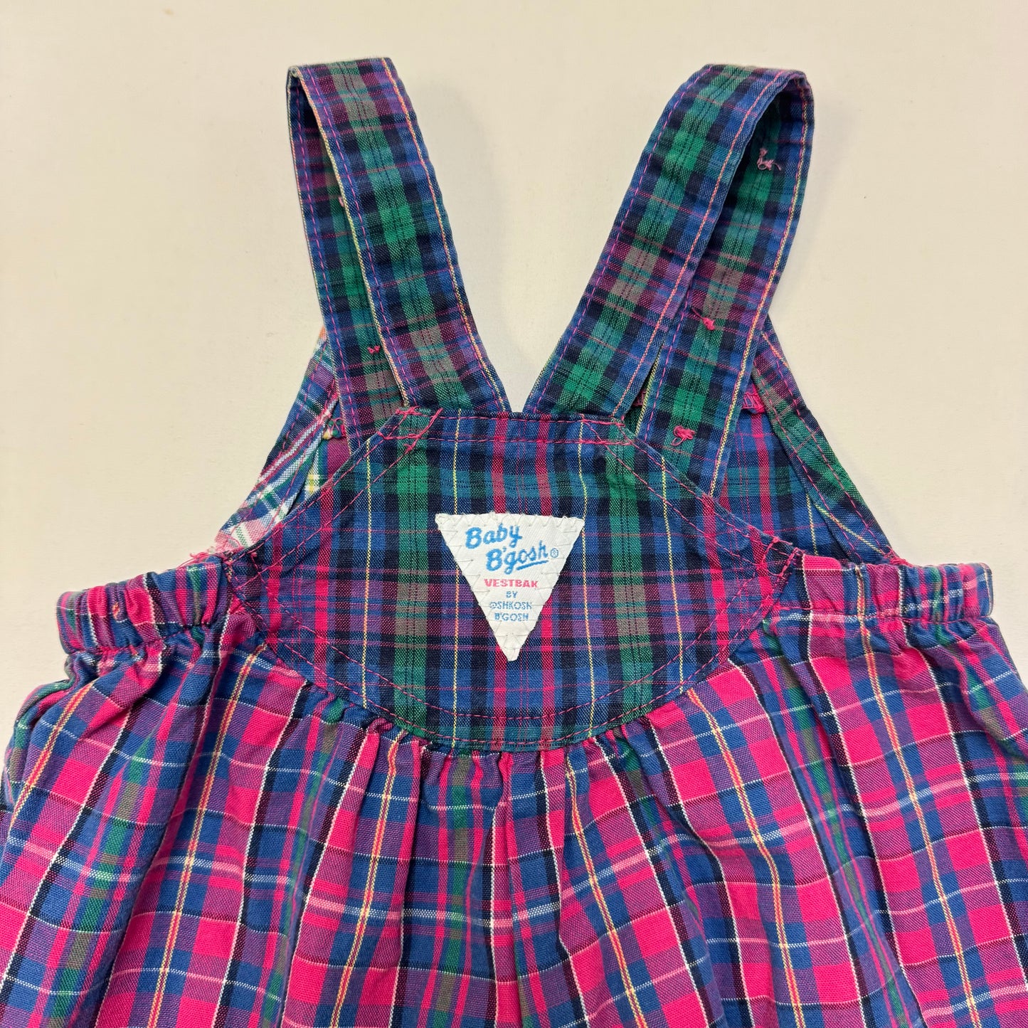 90s Kids Toddler Infant Vintage Baby B’Gosh Oshkosh Pink PurplePlaid Criss Cross Overall /18m / Made in USA