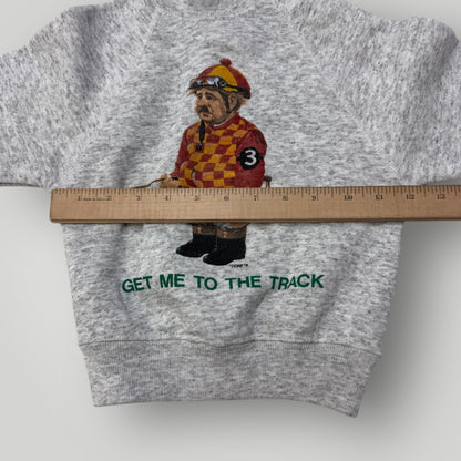 90s Kids Vintage Gray Santee Pullover Sweatshirt ' Get Me To The Track ' Jockey Print Made In USA 3/4Y