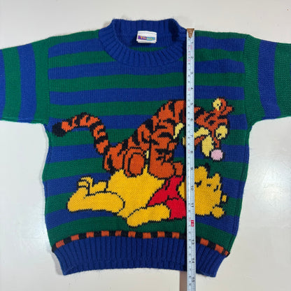90s Kids Toddler Vintage Disney Pooh and Tiger Striped Green/Blue Knit Pullover Sweater Made in USA 3T