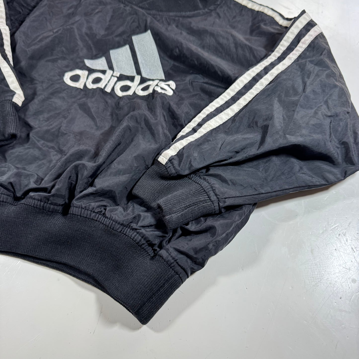 90s Vintage Adidas Kids Toddler Black Lined Pullover Sleeves Striped Windbreaker Sweatshirt Jacket Big Logo S 4T