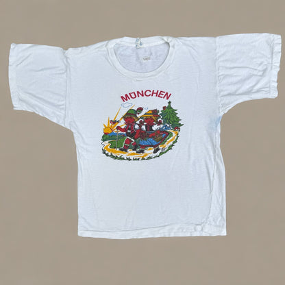 70s Kids Vintage Monchen Yoddlers Print SouvenirWhite 100% Cotton Single Stitch Short Sleeve T-Shirt 10Y Baby Tee XS Adult