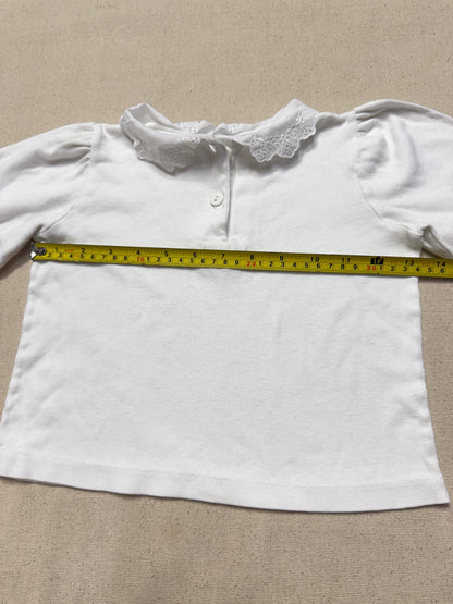 90s Kids Toddler Vintage Oshkosh Bgosh Lace Collared White Puffsleeve Longsleeve Top / 2T 3T / Made in USA