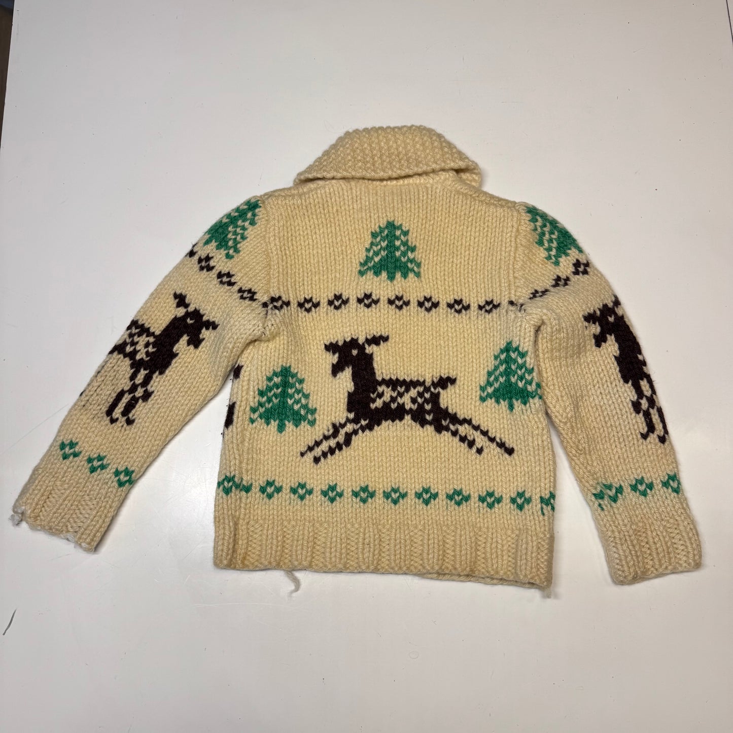 50s 60s Kids Toddler Vintage Beige Deer Lightning Zipper Cowichan Sweater / 3T 4T