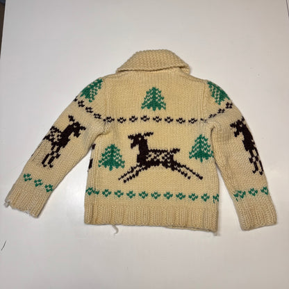 50s 60s Kids Toddler Vintage Beige Deer Lightning Zipper Cowichan Sweater / 3T 4T