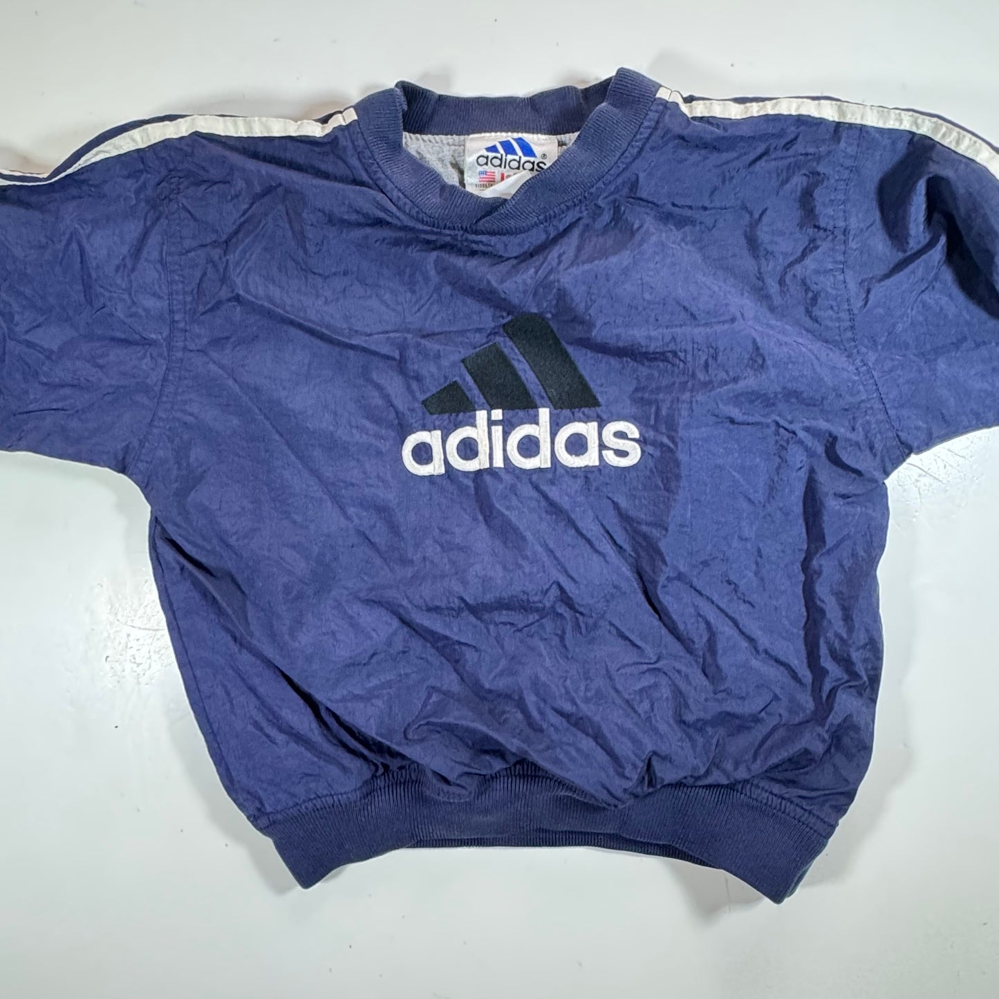 90s Vintage Adidas Kids Toddler Blue/Navy Lined Pullover Sleeves Striped Windbreaker Sweatshirt Jacket Big Logo L 6Y