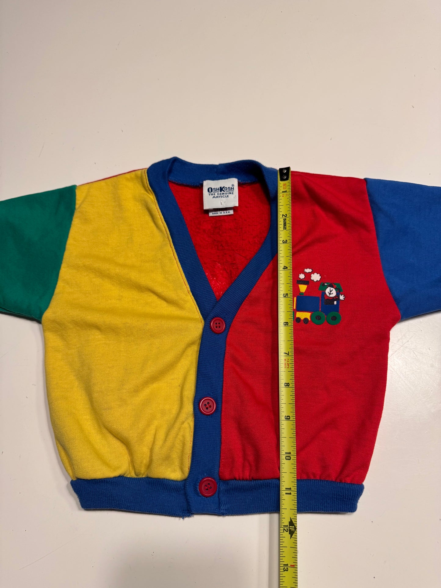 90s Kids Toddler Infant Vintage Baby B’Gosh Oshkosh Multicolour Train Big Print Red Green Yellow Blue Sweat Cardigan //12m / Made in USA