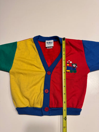 90s Kids Toddler Infant Vintage Baby B’Gosh Oshkosh Multicolour Train Big Print Red Green Yellow Blue Sweat Cardigan //12m / Made in USA