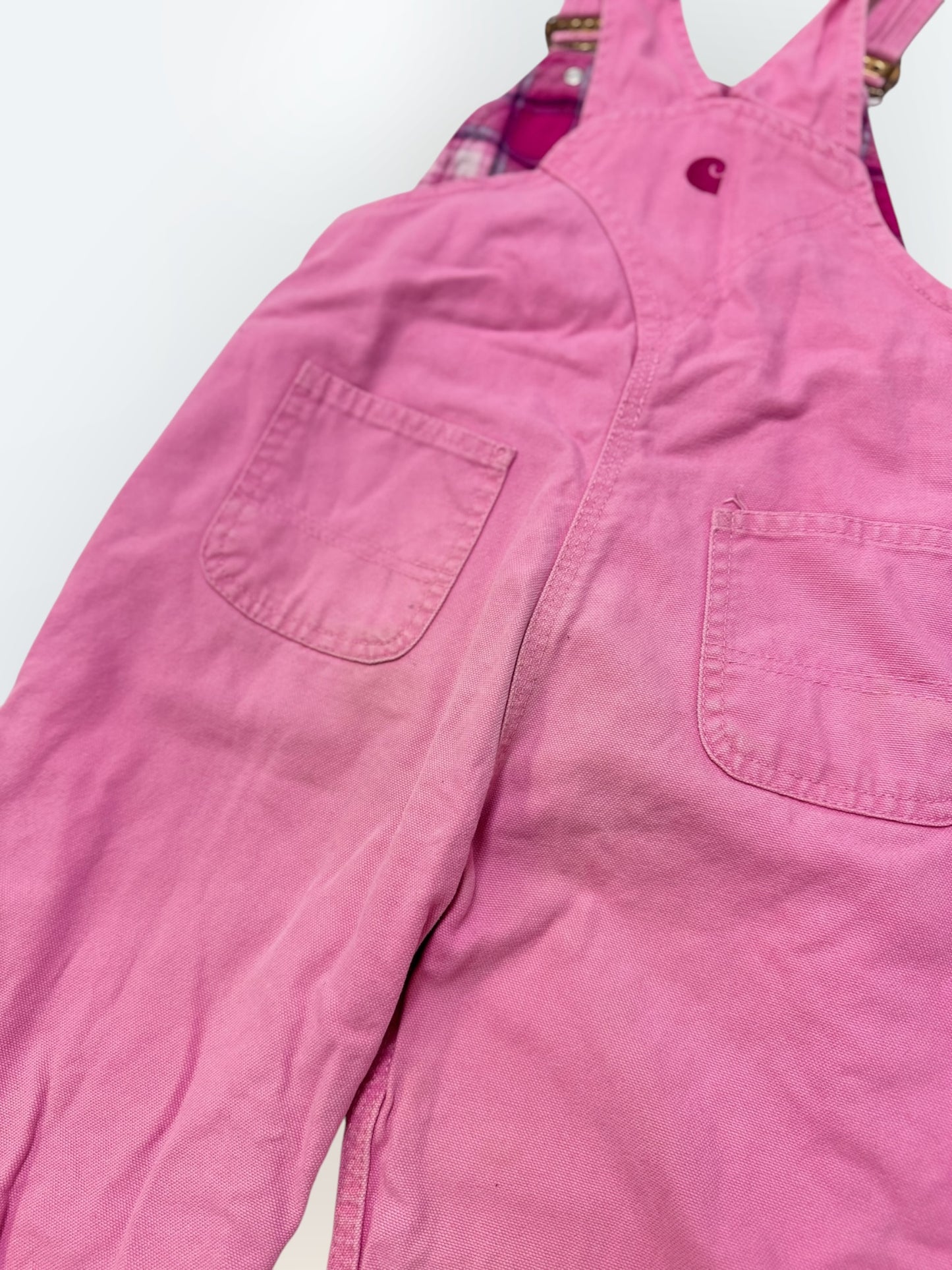 Kids Vintage Pink Carhartt 100% Cotton Fleece Plaid Lined Overalls 4T