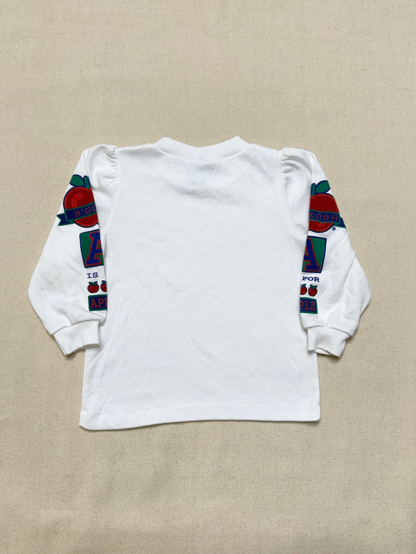 90s Kids Toddler Vintage Oshkosh Bgosh "A is for Apple" Longsleeve  Puffsleeve Top / 2T 3T / Made in USA